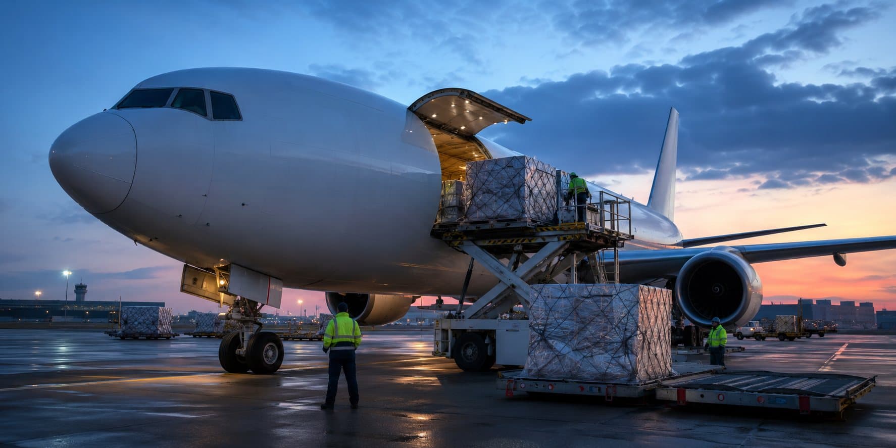 Avión de carga siendo cargado con contenedores aéreos en plataforma