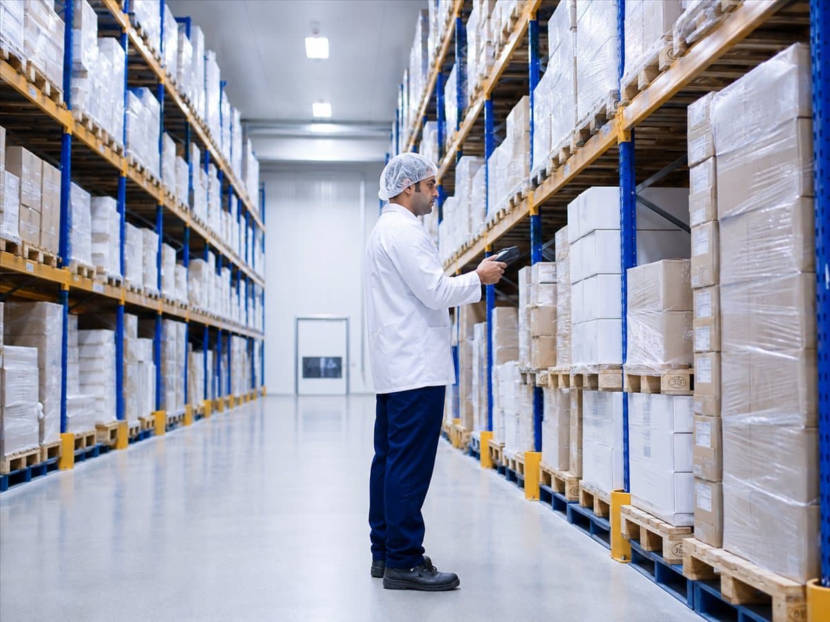 Bodega farmacéutica con racks rotulados y operario verificando inventario